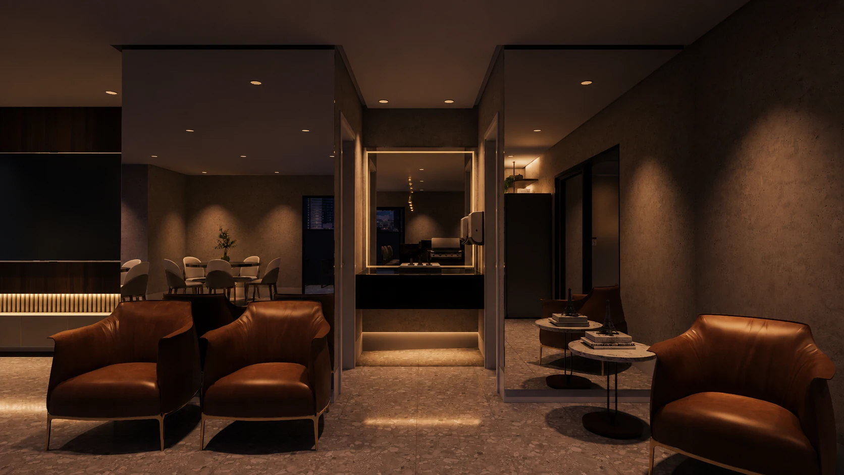 Lounge gourmet do NEXO com poltronas, espelhos e luz indireta.