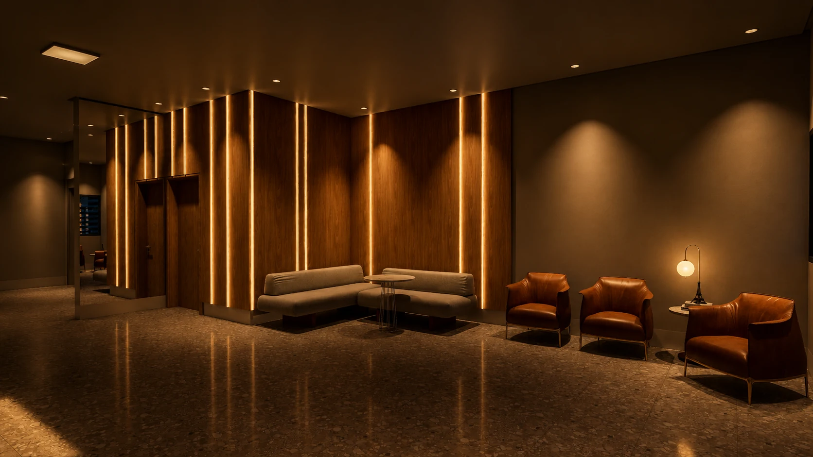 Lobby de entrada do NEXO com poltronas, banco e painéis iluminados.