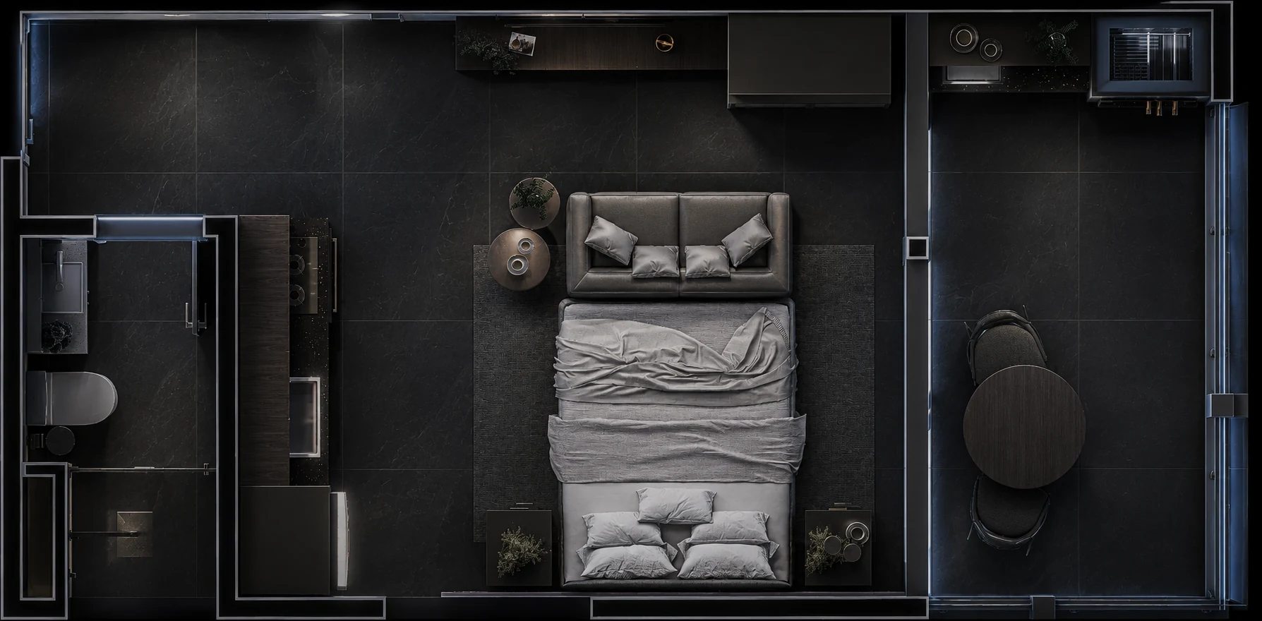 Planta humanizada do studio: banheiro, área integrada de dormir e estar, cozinha e varanda.
