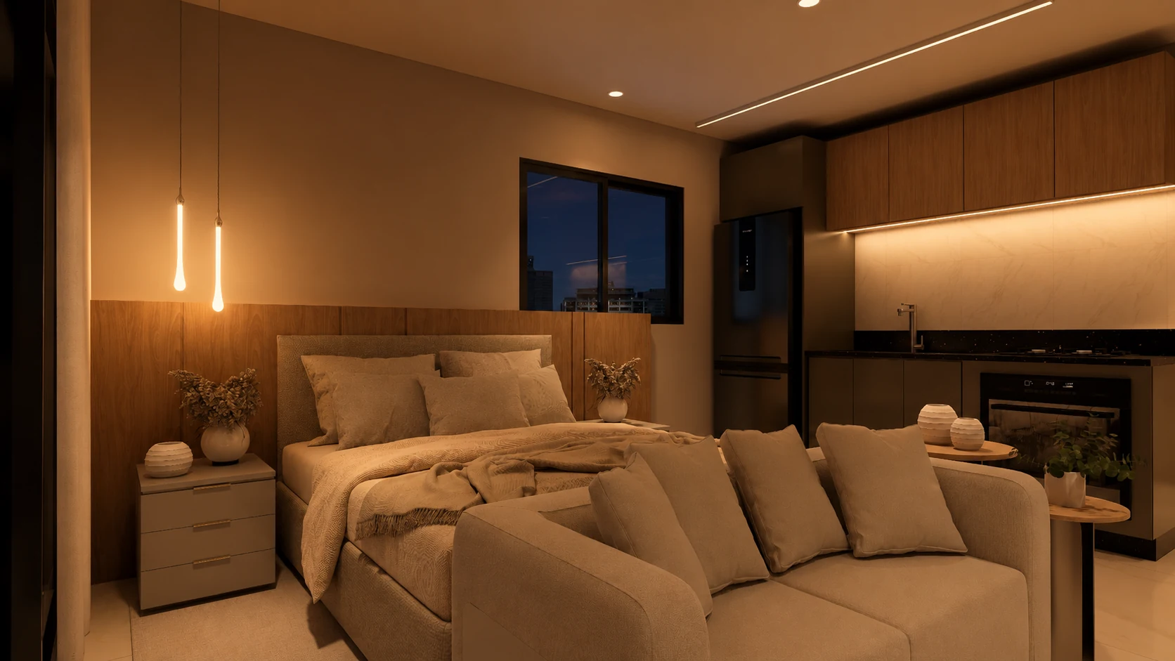 Cama do studio e iluminação quente junto à marcenaria.
