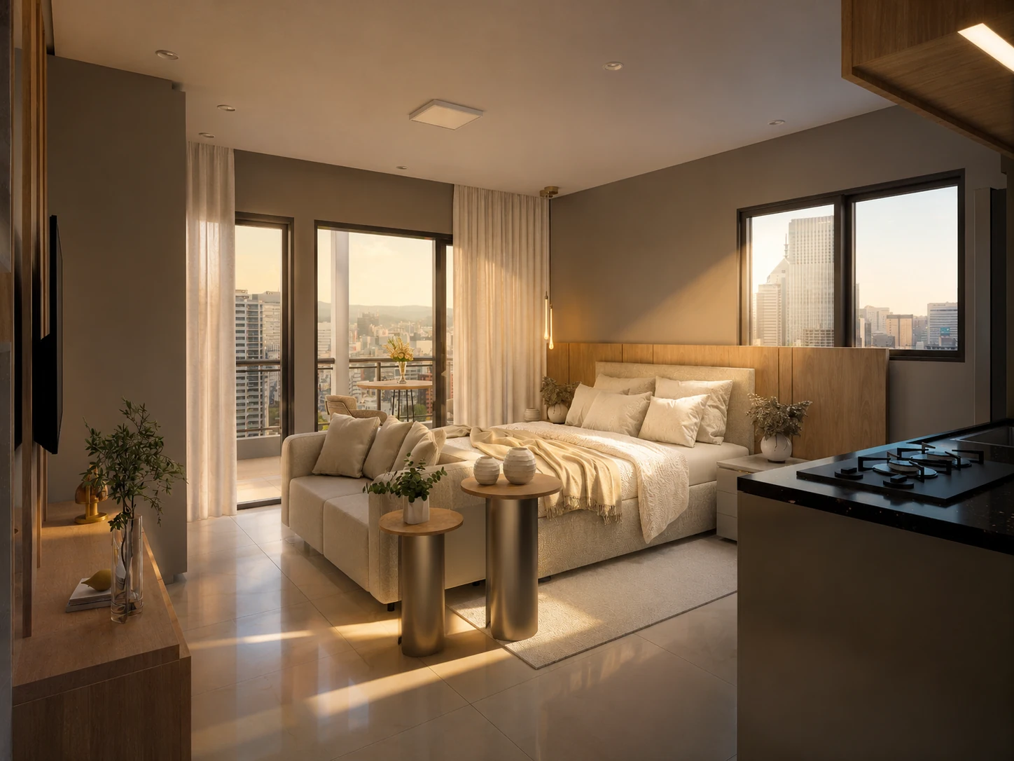 Vista ampla do studio ao sol, com cama, cozinha e área de estar integradas.